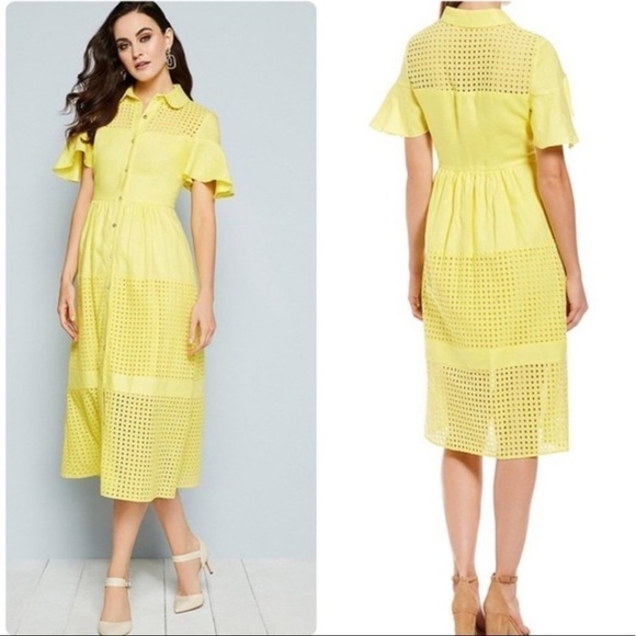 Belle Badgley Mischka Dailey Eyelet Linen Shirt‎ Dress in Yellow Size 0 - Picture 1 of 9